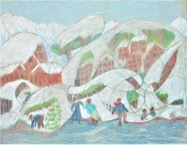 Dessin intitulée "Winter by the Lake" par Edwin Loftus, Œuvre d'art originale, Crayon Monté sur Autre panneau rigide