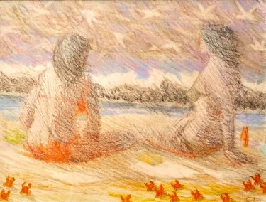 Zeichnungen mit dem Titel "Women on a Beach" von Edwin Loftus, Original-Kunstwerk, Bleistift Auf Andere starre Platte montie…