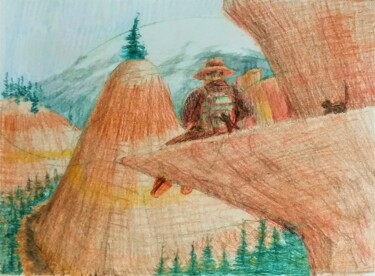 Dessin intitulée "Robbers on the Trail" par Edwin Loftus, Œuvre d'art originale, Crayon Monté sur Autre panneau rigide