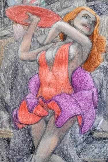 Tekening getiteld "The Waitress 2" door Edwin Loftus, Origineel Kunstwerk, Pastel Gemonteerd op Andere stijve panelen