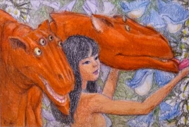Tekening getiteld "Dragons and a Girl…" door Edwin Loftus, Origineel Kunstwerk, Pastel Gemonteerd op Andere stijve panelen