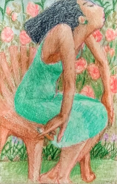 Drawing titled "Woman in a Green Dr…" by Edwin Loftus, Original Artwork, Pastel Mounted on Other rigid panel