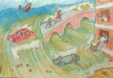 Zeichnungen mit dem Titel "Tsunami 1" von Edwin Loftus, Original-Kunstwerk, Pastell Auf Andere starre Platte montiert
