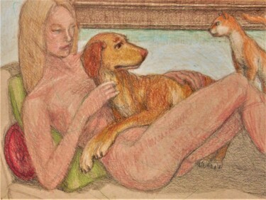 Dibujo titulada "Nude on a Couch wit…" por Edwin Loftus, Obra de arte original, Pastel Montado en Otro panel rígido