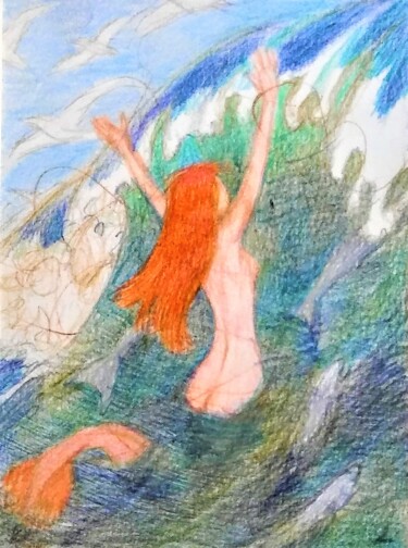 Desenho intitulada "Mermaid in the Waves" por Edwin Loftus, Obras de arte originais, Pastel Montado em Outro painel rígido