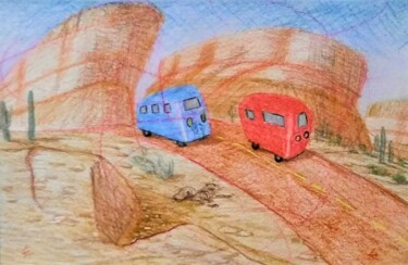 Drawing titled "Minivans Passing on…" by Edwin Loftus, Original Artwork, Pastel Mounted on Other rigid panel