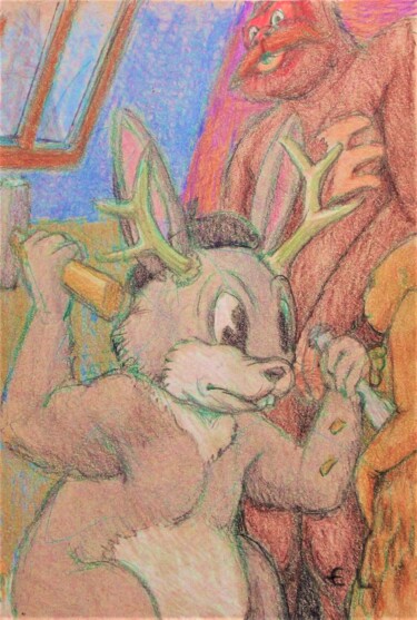 Dessin intitulée "Jackelope the Sculp…" par Edwin Loftus, Œuvre d'art originale, Pastel Monté sur Autre panneau rigide