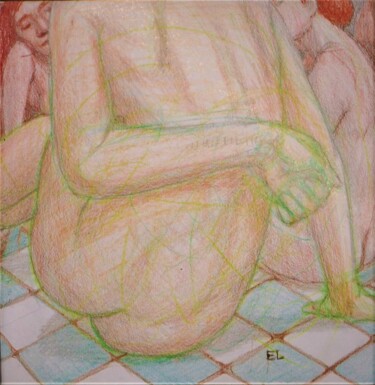 「The Women's Bath」というタイトルの描画 Edwin Loftusによって, オリジナルのアートワーク, パステル その他の剛性パネルにマウント