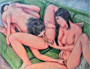 「Threesome on a Gree…」というタイトルの描画 Edwin Loftusによって, オリジナルのアートワーク, パステル その他の剛性パネルにマウント