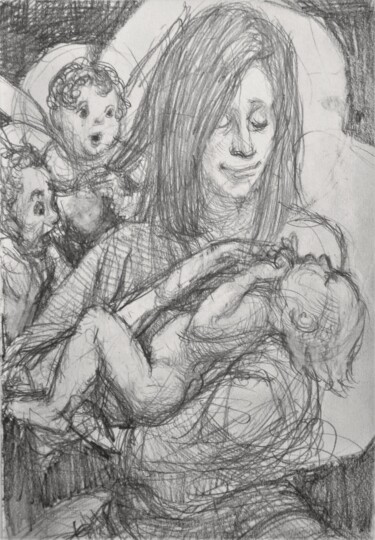 제목이 "Mother and Child 4"인 그림 Edwin Loftus로, 원작, 연필 기타 단단한 패널에 장착됨