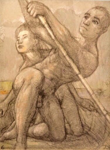 Dessin intitulée "Escape by Boat" par Edwin Loftus, Œuvre d'art originale, Crayon Monté sur Autre panneau rigide