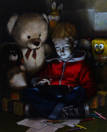 Painting titled "Léo et les Jouets A…" by Efka, Original Artwork, Oil Mounted on Wood Stretcher frame