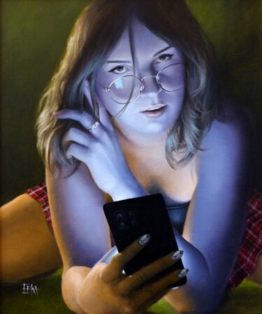 Painting titled "Distraction" by Efka, Original Artwork, Oil Mounted on Wood Stretcher frame