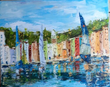 Painting titled "Case Portofino" by Massimo Gozzi, Original Artwork, Oil Mounted on Wood Stretcher frame