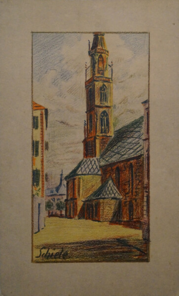 Druckgrafik mit dem Titel "Kirche Von Bozen (u…" von Egon Schiele, Original-Kunstwerk, Lithographie