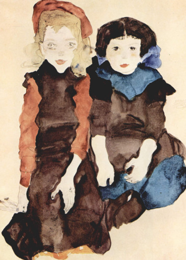 Ζωγραφική με τίτλο "Enfants" από Egon Schiele, Αυθεντικά έργα τέχνης, Ακουαρέλα