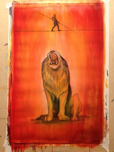 Pittura intitolato "Tightrope-Lion prog…" da Oberlin The Artist, Opera d'arte originale, Acrilico