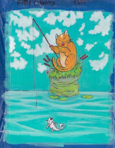Pintura intitulada "Kitty Fishing #4" por Oberlin The Artist, Obras de arte originais, Acrílico