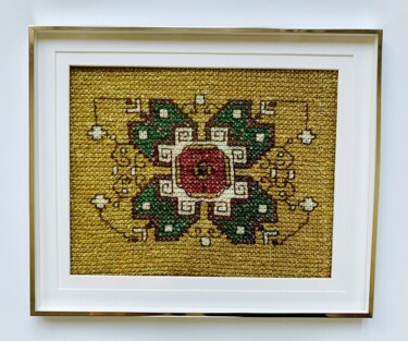 Textielkunst getiteld "Fleur sur un fond d…" door Ek, Origineel Kunstwerk, Borduurwerk Gemonteerd op Glas