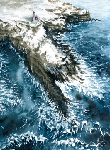 Painting titled "Rocks on the Faroe…" by Ekaterina Gamzaeva, Original Artwork, Watercolor
