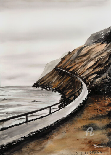 Pintura intitulada "Rock&Sea" por Ekaterina Gamzaeva, Obras de arte originais, Aquarela