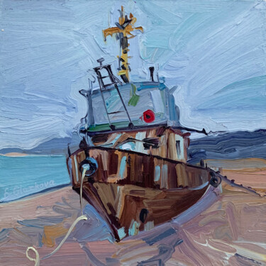 Ζωγραφική με τίτλο "Abandoned boat" από Ekaterina Glazkova, Αυθεντικά έργα τέχνης, Λάδι