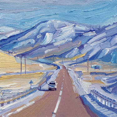 「Road in a snowy hil…」というタイトルの絵画 Ekaterina Glazkovaによって, オリジナルのアートワーク, オイル