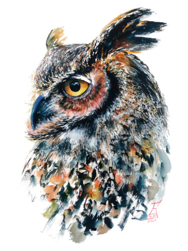 Malerei mit dem Titel "OWL-impressive, hap…" von Ekaterina Kosyak, Original-Kunstwerk, Aquarell
