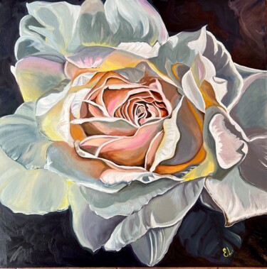 Painting titled "White rose - oil pa…" by Ekaterina Larina, Original Artwork, Oil Mounted on Wood Stretcher frame