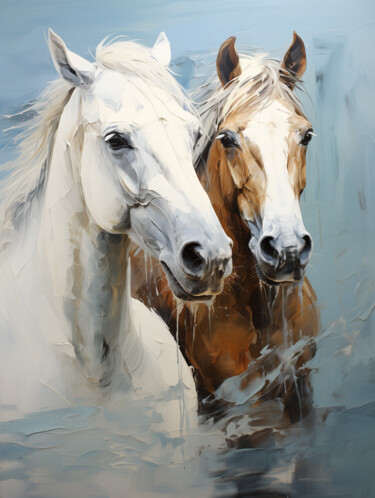 Цифровое искусство под названием "Horses in the water…" - Ekaterina Larina, Подлинное произведение искусства, Цифровая живоп…