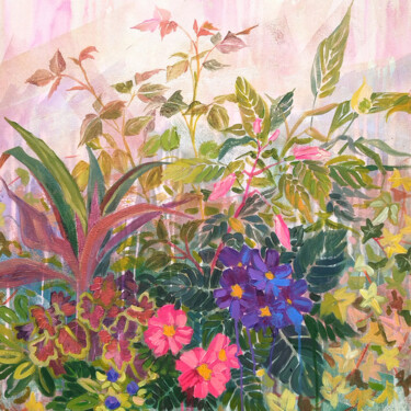 Painting titled "Floral Garden Mix" by Ekaterina Prisich, Original Artwork, Acrylic Mounted on Wood Stretcher frame