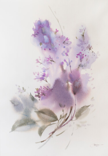 Painting titled "Lilac branch" by Ekaterina Pytina, Original Artwork, Watercolor