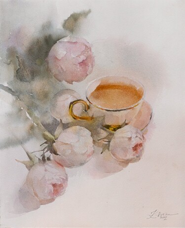 Painting titled "Tea and peonies" by Ekaterina Pytina, Original Artwork, Watercolor