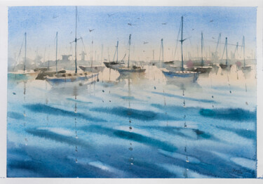 Painting titled "Boats in Greece" by Ekaterina Pytina, Original Artwork, Watercolor
