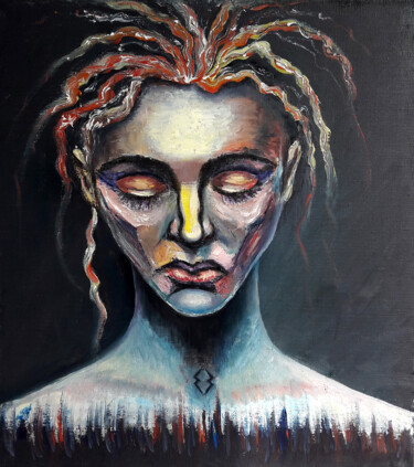 Painting titled "LAST HAIR" by Ekaterina Zakharova, Original Artwork, Oil Mounted on Wood Stretcher frame