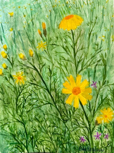 Painting titled "Yellow Daisy" by Elaine Mifsud, Original Artwork, Watercolor