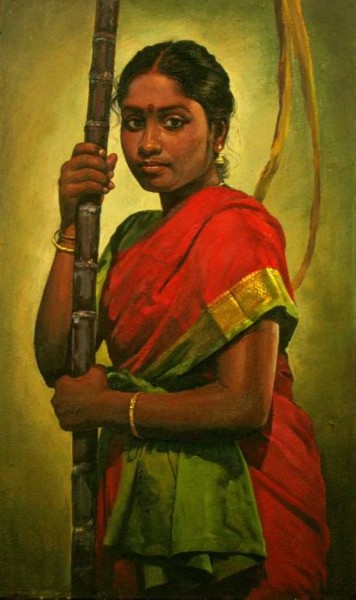 Painting titled "girl with sugarcane" by S.Elayaraja, Original Artwork
