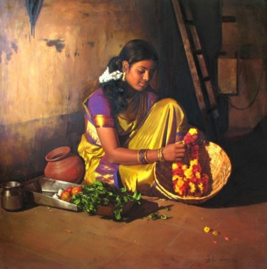 「flower maker」というタイトルの絵画 S.Elayarajaによって, オリジナルのアートワーク, オイル