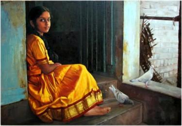 Painting titled "girl with pigion5" by S.Elayaraja, Original Artwork, Oil