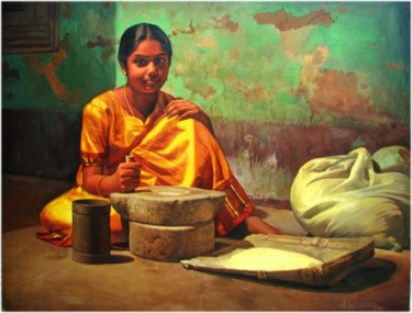 Painting titled "rice grinder" by S.Elayaraja, Original Artwork, Oil