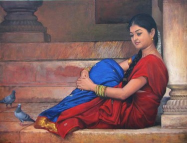 Painting titled "girl with pigion3" by S.Elayaraja, Original Artwork, Oil