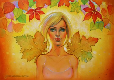 Schilderij getiteld "Girl Autumn." door Elena Alex Lawrence (Makarova), Origineel Kunstwerk, Olie