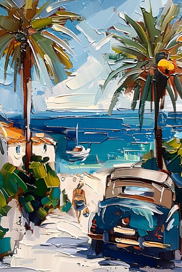 Arts numériques intitulée "Car On The Beach 1" par Elena Avanesova, Œuvre d'art originale, Image générée par l'IA