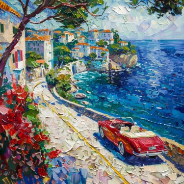 Digital Arts titled "Red Car By The Sea" by Elena Avanesova, Original Artwork, AI generated image
