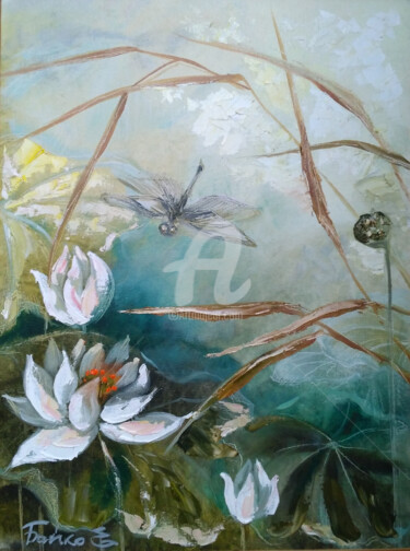 Painting titled ""Лотосы и стрекоза"" by Elena Boyko, Original Artwork, Oil