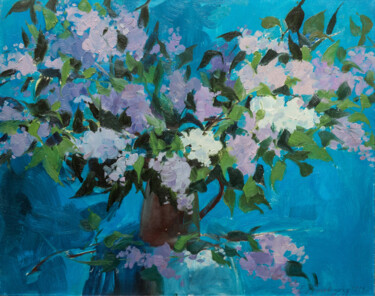 Painting titled "Lilac branches on b…" by Elena Branovitskaya, Original Artwork, Oil Mounted on Wood Stretcher frame