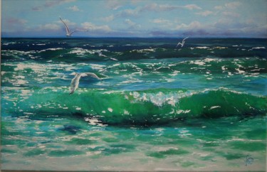 Peinture intitulée "Vagues et  mouettes" par Elena Cotté, Œuvre d'art originale, Acrylique Monté sur Châssis en bois