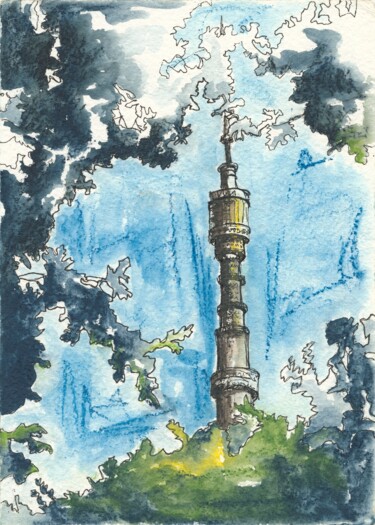 Dessin intitulée "Ostankino TV tower" par Elena Demyanenko, Œuvre d'art originale, Crayon