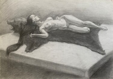 Disegno intitolato "Lady and a Bear" da Elena Done, Opera d'arte originale, Matita