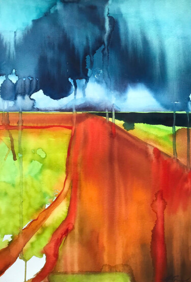 Pintura titulada "Пейзаж с полем" por Elena Drobysheva, Obra de arte original, Acuarela